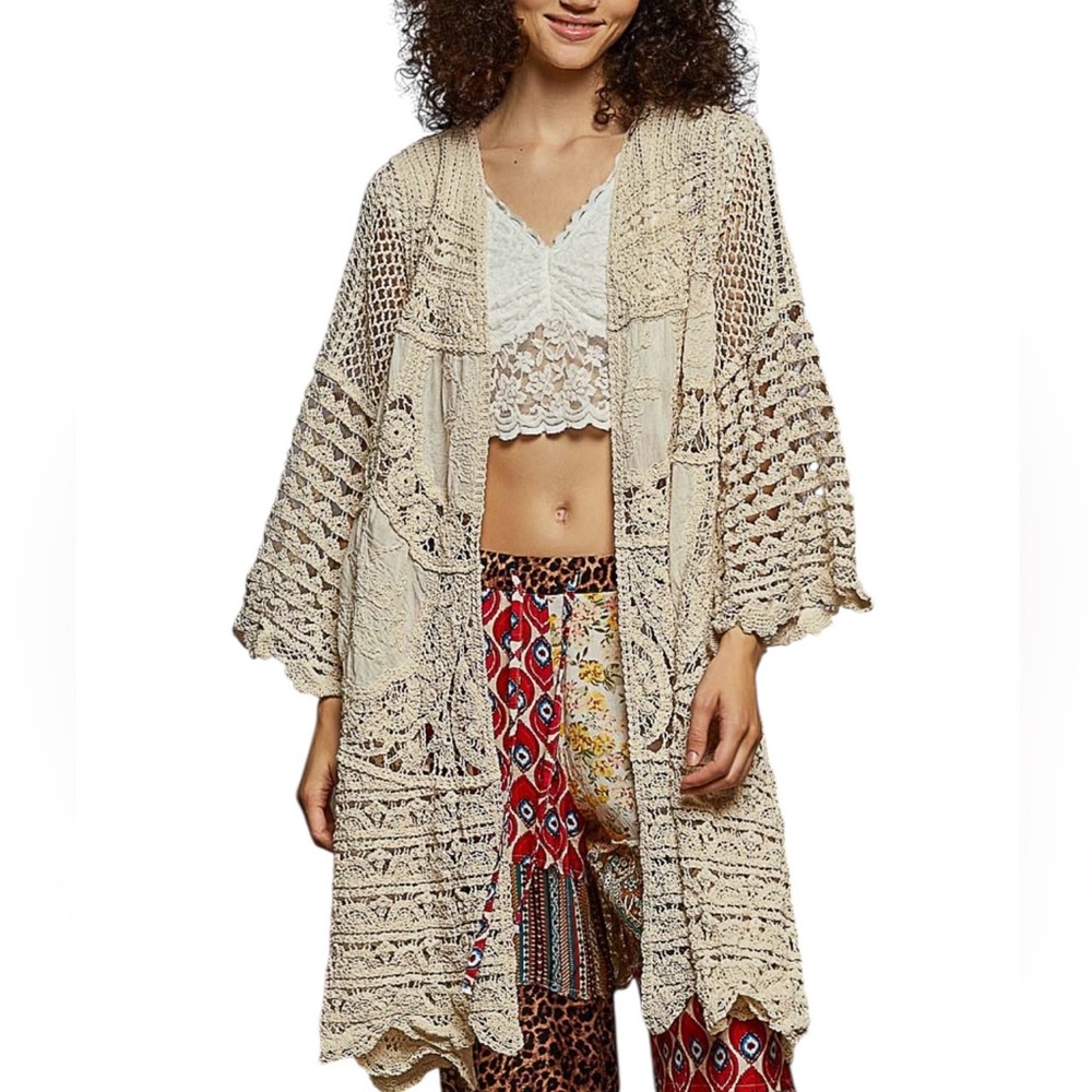 Boho Crochet Open-Front Kimono Cardigan - Cream